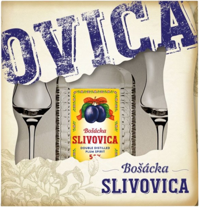 Slivovica Bošácka-hranatá OVICA 52% 0,70 L + 2 poháriky